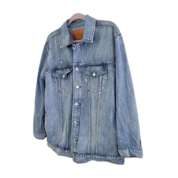 Lucky Brand Denim Trucker Jacket Size Large Unisex Blue‎ 100% Cotton Distressing - Picture 3 of 12